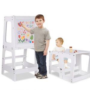 Tour d'apprentissage pour Enfants, Montessori 3 en 1 Tour d'observation, Pliable Chaise d'apprentissage Tabouret pour Enfants avec avec Tableau &agrave; Dessin Noir et Crayons aquarelles, Montessori Kitchen (sinbide-fr, neuf)