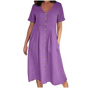 HAOLEI Robe Longue Femme Chic Et Elegant Robe Coton Lin &agrave; Manches Courtes Robes Couleur Unie Boh&egrave;Me Mi-Longue Dress Grande Taille R&eacute;Tro Boutonn&eacute;e Robes pour F&ecirc;Ter Vacances Cocktail Party Soir&eacute;E (HAOLEI  FR, neuf)