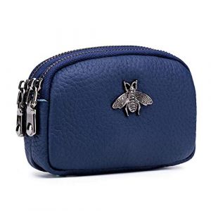 AprinCtempsD Porte-Monnaie Petit en Cuir V&eacute;ritable Portefeuille Mini Zipp&eacute; Porte-Cartes avec Double Zip pour Femme Fille (Bleu) (DcSpring, neuf)