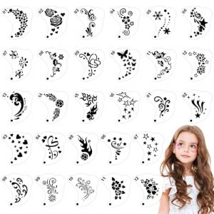 SRIZIAN 28 pièces Pochoirs de Peinture pour Visage, Modèles Tatouage Réutilisables, Pochoirs Tatouage pour les Yeux Pochoirs Peinture Corporelle pour les Enfants Fête Vacances Halloween Maquillage (Spmow eu, neuf)