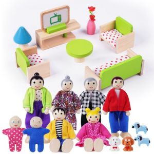 HOTUT Meubles de Maison de Poup&eacute;es, 20 Pi&egrave;ces Ensemble de Jeu Miniature en Bois pour Enfants, Mini Maison/Mini Famille de Poup&eacute;e pour Micro Salon, Chambre, Cuisine (Meubles/Poup&eacute;es/Chiots) (AomigEU, neuf)