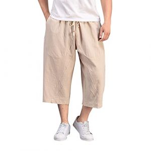 Pantacourt Homme Japonais Sarouel Pantalon Lin Homme Large Pantalon en Lin Homme Streetwear Pantalon de Jogging Homme Harem Pantalon Cargo 3/4 Décontracté Pantalon Baggy Homme Grande (WH2, XXXXL) (Raopuzi, neuf)
