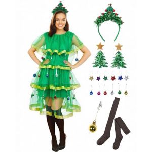 SANMIO Costume d'arbre de Noël, robes de fête de Noël pour femme, tenues de déguisement comprenant 7 pièces de robe de sapin de Noël + bandeau + boucles d'oreilles à paillettes + étoiles colorées + (SZYATOU, neuf)