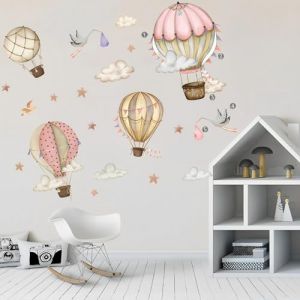 Trlyane Stickers Muraux Ballon &agrave; air chaud Autocollant Mural Fleurs Ballons Les Oiseaux des Nuages D&eacute;coration Murale B&eacute;b&eacute; P&eacute;pini&egrave;re Chambre Enfants Salon (Trlyane, neuf)