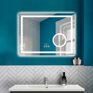 HAPAOSO Miroir de Salle de Bain avec &eacute;clairage, Miroir LED avec Bluetooth, 3X loupe，Horloge,3 Couleurs+dimmable，Anti-bu&eacute;e, Miroir Mural, 100x60 cm (Summer Showers, neuf)