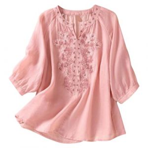 Chemisier Coton et Lin Manches Courtes pour Femme Blouses Ample Col Rond Tunique D'&eacute;t&eacute; Boh&egrave;me Folklore Vintage Broderie Top Hauts L&acirc;che Respirant T-Shirts Grande Taille Pas Cher Tunique Blouse Mode (GUnakd, neuf)
