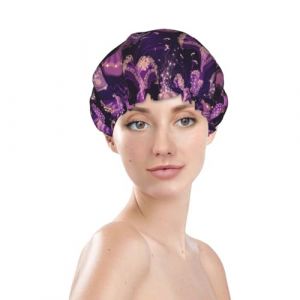 Bonnet de douche pour femme, r&eacute;utilisable, imperm&eacute;able, double couche, bande &eacute;lastique, bonnet de bain pour cheveux longs, bonnet de bain &agrave; imprim&eacute; m&eacute;duse violette pour douche (JinRui-EU, neuf)