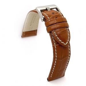 Diloy Bracelet montre cuir grav&eacute; crocodile &eacute;caille carr&eacute;e bomb&eacute; sport couture blanche &ndash; Tailles 14mm 16mm 18mm 20mm 22mm 24mm 26mm 28mm 30mm &ndash; &Eacute;l&eacute;gant 378 Brun Clair 26mm (DWS Online, neuf)