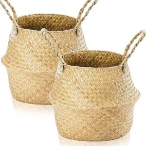 Lighterday Lot de 2 pot de fleur interieur panier osier tissés en jonc de mer avec poignée,pot de fleur corbeille a linge panier de rangement rond pour étagères (XXXL 45 × 36 cm) (Lighterday Direct, neuf)