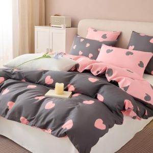 Tospass Housse de Couette Coeur 200x200cm Gris Rose Motif du Cœur Parure de Lit 2 Personne Ado Adultes Filles avec Fermeture Éclair Housse Couette en Microfibre avec 2 Taie d'oreiller 65x65cm (Jimingyo, neuf)
