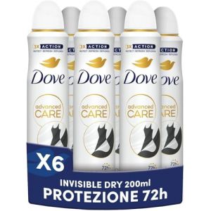 Dove D&eacute;odorant Spray Advanced Care Invisible Dry, avec formule hydratante et d&eacute;licate sur la peau, formule anti-tache, peau s&egrave;che jusqu'&agrave; 72 heures, d&eacute;odorant homme et femme, 6 pi&egrave;ces de 200 ml (Joytaly, neuf)