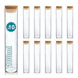Pack 10 Tube a Essai Verre avec Bouchon Liege 100ml- Bocaux pour Laboratoire, Bocaux Fiole en Verre, Tube en Verre, Flacon en Verre- Dragees Mariage, Decoration, Bapteme- Épices, Bonbons (Espirito Rebelde, neuf)
