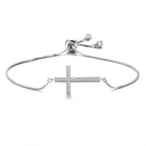 XFSRG Bracelet Femme Croix Chr&eacute;tienne Acier Inoxydable 18K Or Argent R&eacute;glable Zircon Bracelet Croix Cadeau Bijoux pour Filles Femmes (Argent 2) (CAM SELFSELL, neuf)