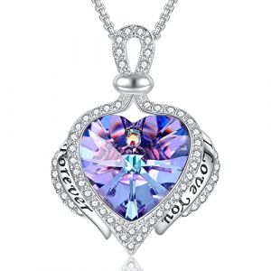 Praelinos Colliers Femme Coeur D'amour Gardien d'Ange Pendentif Cristal 18K Plaqu&eacute; Or Blanc 5A Zircone Cubique Cadeau de Bijoux pour Femmes Maman &Eacute;pouse Saint-Valentin No&euml;l Anniversaire (Violet) (PRAELINOS JEWELRY-FR, neuf)