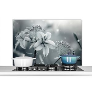 KitchenYeah&copy; Fond de Hotte 100x65 cm Aluminium Cr&eacute;dence Cuisine D&eacute;coration Murale Cr&eacute;dence Plaque de Cuisson Anti Projection Fleurs - Nature Morte - Noir et Blanc (KitchenYeah, neuf)