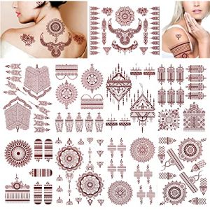DPKOW Marron Rouge Tatouage Temporaire pour Femme Filles, 9 Feuilles Faux Tatouage Ephemere Mandala Fleur Tatouage Autocollant pour Main Bras Corporel Art, Dentelle Indienne taouages pour Mariage Aïd (dpkow, neuf)