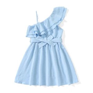 PatPat Robe Fille Princesse Été sans Manches Une Épaule avec Détails de Volants pour Cocktail Soirée Fête Mariage Cérémonie Bapteme Enfant Robe A-Ligne 6-12 Ans, Bleu Clair, 8-9 Ans (PATPAT STORE EU, neuf)