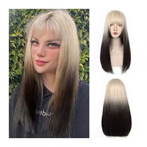 Perruque Synth&eacute;tique Perruque de cheveux longs et raides avec frange, perruque blonde d&eacute;grad&eacute;e noire grise droite, perruque de cosplay synth&eacute;tique r&eacute;sistante &agrave; la chaleur naturelle for femme Naturelle (huasanzigui, neuf)