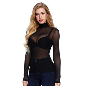 Kate Kasin T-shirt l&eacute;ger &agrave; manches longues Transparent Tulle Mesh Chemisier Body Tunique Tops Multicolore - Noir - XX-Large (SaveTiming-eu, neuf)