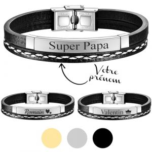 KDO MAGIC - Bracelet personnalis&eacute; homme &ndash; Bracelet double en simili cuir noir &ndash; Gravure pr&eacute;nom &ndash; Plaque noire, argent&eacute;e ou dor&eacute;e grav&eacute;e - Cadeau f&ecirc;te des P&egrave;res, Saint-Valentin, homme, papa (Argent&eacute;) (KDO-MAGIC, neuf)