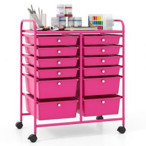 GIANTEX Chariot de Rangement &agrave; roulettes 12 Tiroirs Amovibles, Tour de Rangement Mobile Utilitaire &agrave; Plateau & Poign&eacute;es, Desserte &agrave; roulettes pour Salon Bureau Chambre, 64x38x75cm, Rose (GIANTEX, neuf)