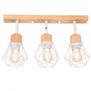 DLGLOLIN Plafonnier 3 Spots Orientable &Eacute;clairage Plafond en Bois M&eacute;tal Cage Suspension Luminaire Vintage Industriel Blanche E27 Lustre pour Salon Chambre Cuisine (DLGLOLIN, neuf)