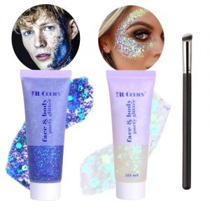 WishesMar 2 Pi&egrave;ces Bleu Argent Gel Paillettes Visage Body Glitter Maquillage Festival Paillette pour Corps Cheveux - Gel Scintillant Liquide Holographique Shimmer pour Mascarade, F&ecirc;te #A (Nicemeet999, neuf)
