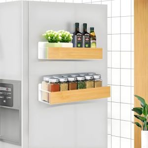 KedioPio Etagere Magnetique Frigo Blanche, Lot de 2 Etagere Aimantée Frigo, Étagère À Épices Magnétique Bois Support Rangement Épices Aimanté pour Rangement et Organisation de la Cuisine, Blanc (KedioPio FR, neuf)
