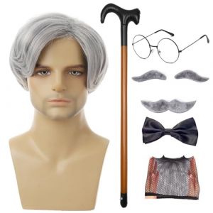 Ensemble de perruques de vieil homme, cosplay de vieil homme - Costume de grand-p&egrave;re 8 pi&egrave;ces/ensemble pour hommes, taille adulte - Perruque canne de marche, lunettes, faux sourcils, moustache, n&oelig;ud p (duwekm, neuf)