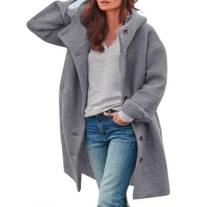 Vestes d'hiver pour femme en laine longue - Veste d'automne longue en laine élégante - Vestes de transition chaudes - Grandes tailles - Manteau en laine avec capuche - Veste en peluche - Manteau (Ru-xei, neuf)
