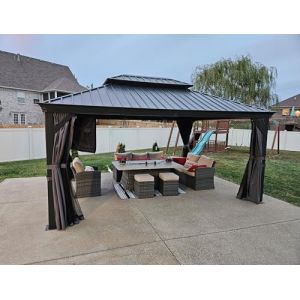 PURPLE LEAF Tonnelle de Jardin Exterieur 4,6 x 4 m Pergola Aluminium avec Moustiquaire et Rideaux Pavillon de Jardin à Double Toit Acier Galvanisé, Gris (PURPLE LEAF, neuf)