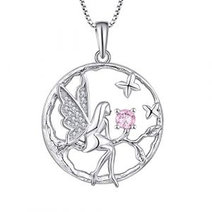 FJ Collier Femme Collier Ange Gardien Argent Sterling 925 Pendentif Arbre de Vie Collier Papillon F&eacute;e Elfe Pierre de Naissance Octobre Collier Tourmaline Rose Cadeaux de Bijoux pour Femme Fille (Farjary Jewelry, neuf)