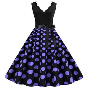 Robe Année 60 Femme Col V sans Manches Vintage Robes Style 1950's Audrey Hepburn Pin Up Rockabilly Élégante Polka Dot Swing Retro Robe Plissée Robe De Soirée Cocktail Mi Longue (Blingko, neuf)