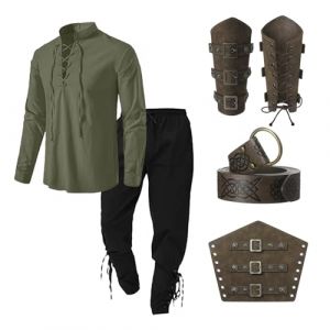Gefomuofe Costume viking pour homme, chemise, costume de pirate, en lin, v&ecirc;tements m&eacute;di&eacute;vaux, chemise classique &agrave; lacets, chemise de pirate, pantalon et accessoires, ensemble de 4 pi&egrave;ces, vert, XL (SDFKLJV, neuf)