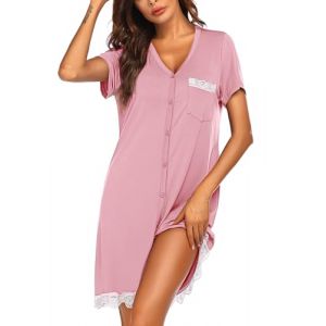 Ekouaer Chemise de Nuit Femme Ouverte Devant Robe de Nuit Manches Courtes Col V V&ecirc;tements de Nuit, Rose, XL (Ekouaer EU, neuf)