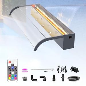 LONGRUN Kit de Cascade de 60cm pour Bassin, Lame de Cascade en Acrylique incurvée avec éclairage LED 7 Couleurs et Télécommande, Largeur 26cm (QIHANGDIANZI, neuf)