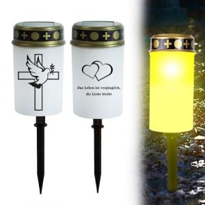 KBIBCK 2 Pi&egrave;ces Lanterne Fun&eacute;raire Solaire, 11,5 x 6,6 cm Lumi&egrave;re Fun&eacute;raire LED, Bougies de Cimeti&egrave;re D'ext&eacute;rieur &Eacute;tanches, Bougie Fun&eacute;raire Solaire avec Capteur de Lumi&egrave;re et Piquet de Terre (Blanc) (Dong Guan Shi Di Sheng Mao Yi You Xian Gong Si, neuf)