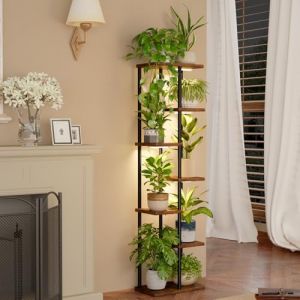 Bamworld Support Plantes Interieur avec Lampe, Étagère Plante d'Angle 7 Niveaux Bois et Métal, Support Plante avec Éclairage pour Salon Balcon Chambre, Décoratif (Bamworld, neuf)