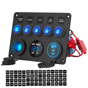 12V 24V 5 bande Interrupteur Rocker ON OFF Panneau en aluminium pr&eacute;-c&acirc;bl Impermeable avec chargeur voiture triple ports USB 78W, Voltm&egrave;tre num&eacute;rique LED et prise d'allumeur de cigarette pour voiture (DE Brilliant, neuf)
