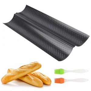 Plaque à Pain, Moule à Pain Baguette Français avec Revêtement Antiadhésif avec 2 Pinceau de Cuisine, Plaque à Baguette Moule pour 2 Baguettes, Moule à Pâtisserie en Bâton Perforé Français Antiadhésif (NICCOLA PET, neuf)