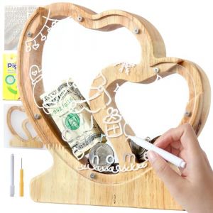 Lakpopya Tirelire en Bois pour Enfant Tirelire Cochon Personnalisée de Lettres A à Z Tirelire Billet Transparente Créative pour Cadeau Décoration Baptême pour Fille Garcon (Coeur-2) (Never fail, neuf)