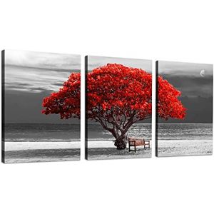 hyidecorart Tableau Decoration Murale Salon Moderne, 3 Pièces Tableaux Arbre De Vie Rouge, Nature Bord De Mer Paysage Impression Sur Toile, Decoration Murale Chambre Salle De Bain Cuisine Bureau (Makapako, neuf)