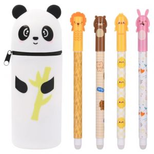 OFFCUP Trousse à Crayons et 4 Stylos Gel Effaçable, Jolie Trousse d'école en Silicone Verticale Motif Animal Trousse Porte-Stylos de Table Ensemble de Papeterie pour Filles Garçons (Panda) (HOOCHE, neuf)