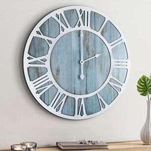 HAITANG Horloge Murale Ronde en Bois Moderne rétro Bleu 40 cm Chiffres Romains décor de Salon, légère Tique Horloge Murale décor à la Maison Jardin Bureau café décor de Chambre- 40 cm (WEI JIE UK Store, neuf)