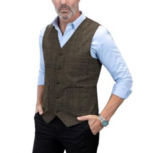 Gilet de costume vintage en tweed pour homme - Coupe r&eacute;guli&egrave;re - Pour mariage et gar&ccedil;on d'honneur, caf&eacute;, Small (solovedress, neuf)