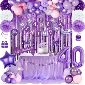 D&eacute;corations violettes pour un 40e anniversaire femme, banderole Joyeux anniversaire, ballons violets, Rideau M&eacute;tallique violettes, &eacute;charpe d&rsquo;anniversaire, pompons, S&eacute;corations Suspendues Tourbillon (GongDianMaoYi, neuf)