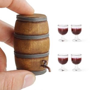 Odoria Miniature Verre à Vin Tonneau: 5 Pièces Échelle 1/12 Miniature Fût en Bois Chêne Vintage Rétro pour Maison de Poupée Bar Cuisine Liqueur Alcool - Mini Fontaine à Boisson Jardin Fête (Cardinas, neuf)