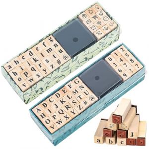 XSHAO® 80 Pcs Tampons en Bois pour Lettre, Ensemble de Tampons de Lettres Bois avec Chiffres, Symboles et Tampon Encreur pour DIY Cartes de Vœux/Scrapbooking/Artisanat (XSHAO, neuf)