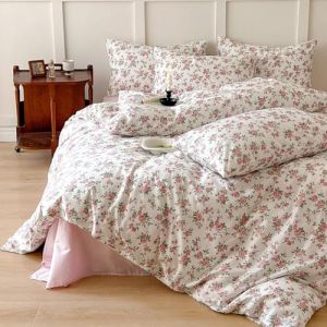 Freyamy Housse de Couette Fleurie 220x240+2 Taie d'oreiller 65x65cm Blanc Rose Vert Feuilles Floral Parure de lit 2 Personnes Adulte Sets de Housse Couette en Microfibre avec Fermeture Éclair (Mitchell'SZ, neuf)