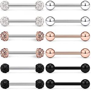 LAURITAMI 16Pcs 14G Piercing Barre de Langue en Acier Chirurgical Bouclier de Mamelon Droite Barbell Anneaux Bar Cristal Piercing pour Le Corps Bijoux pour Femmes Hommes (JUN SI FANG, neuf)